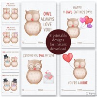 Owl Valentine's Day Printable Cards, Set of 8 Designs, Gender Neutral, Classmate Valentine's
