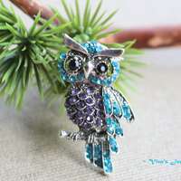 Owl brooch, Pin, Badge turquoise and purple colors, Beautiful Fashion Accessory , Jewelry for women.