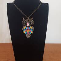 Vintage Owl Necklace, Bronze Jeweled Owl Necklace w/Bonus Owl Paperclip, Owl Pendant Necklace w/Jewe