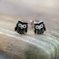 Cute Fun Black Wise Old Owl Sterling Silver Stud Earrings