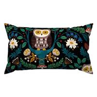 Owl Damask Lumbar Pillow - Nature Forest Nighttime Kids Scandinavian Rectangle Accent Throw Pillow -