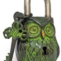Brass Owl Lock showpiece in Antique Green Finish