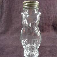 Glass Owl Bottle with shaker tin screw on lid.  1960's.