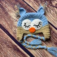 Crochet Owl Hat 3, Baby Blue Gray Owl Beanie Boys Owl Blue Gray Owl Hat Newborn Owl Hat Baby Owl Hat