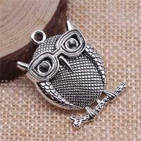 2 Silver Owl Charms, Owl with Glasses, 33x23mm, Silver Tone Charms (N-33)