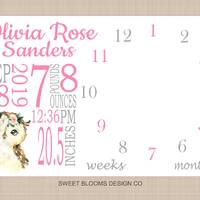 Owl Milestone Blanket, Baby Girl Personalized Birth Announcement Birth Stats Baby Shower Gift Monthl