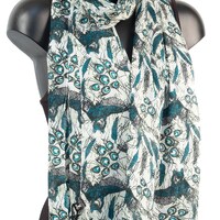 Cotton Scarf With Owl Design and Pom Pom Tassels, Light Weight Fair Trade Owl Print Scarves And Wrap