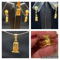 precolumbian jewelry. owl with green stone earrings, pre colombian pre colombinos 24kt gold plated
