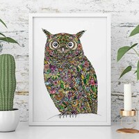 Owl A4 Art Print - Floral Wall Art Ideas - Woodland Creature Poster - Gift For Mum Nan - Mothers Day