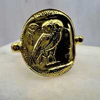 Coin ring the owl of Godess Athena Sterling Silver 925 Gold