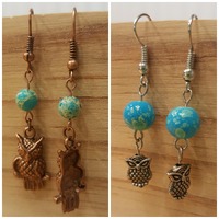 Owl Pendant Earrings - Bronze and Silver - Blue Turquoise with White Crackle Glass Beads