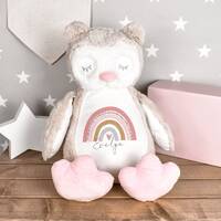 Personalised Owl Teddy, Personalised Plush Toy, Baby Girl Gift, Custom Soft Toy, Pink Rainbow Teddy,