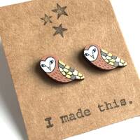 Owl Post Earrings Wood Studs Posts Snowy Owl Lover Face Whimsical Barn Owl Small Nature OOAK Jewelry