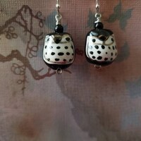 Black And White Porcelain Owl Silver Earrings, Handpainted, Wise Owl Jewelry, Unique Gift Ideas For 