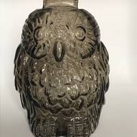 Rare Gray Glass Owl Bank, Vintage Coin Saver