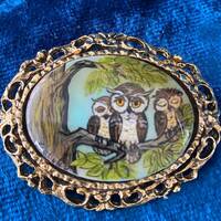 Gold Ormolu Pin/Brooch trio of Owls, Signed by Artist