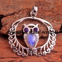 Moonstone Amethyst Owl Pendant &ndash; Sterling Silver Handmade Jewelry