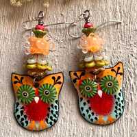Lovely Orange artisan enamel Owl earrings, Artisan Lampwork beads, Luxe, Bohemian, Handmade, Shabby