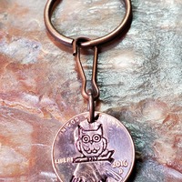 OWL on Branch / Owl Gift / PERSONALIZED Hand-stamped Penny Key Ring Your Choice of Date 1959 through