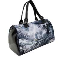 US Handmade Handbag Doctor Bag with "OWLS in Graveyard" Shiny Black Side Pattern Satchel S