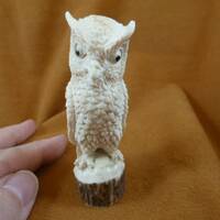 little gray white Horned Owl of shed ANTLER figurine Bali detailed carving of shed Moose antler disp
