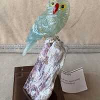 Blue Calcite Owl on Tourmaline  4"