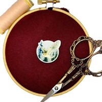 Barn owl needle minder, magnet, pin: peaceful bird flying, forest woodland, evergreen trees, nature,