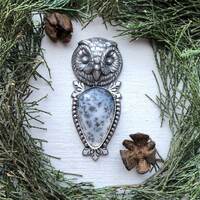 Finished to your size! Snowy Owl Face Gazer (large) in Sterling Silver & Dendritic Opal pear cab