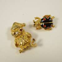 Owl and Lady Bug Brooch, Small Stud pins Gold Tone Vintage Jewelry 1980