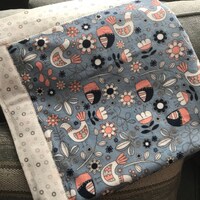 Blue and Coral Floral Owl Minky White Daisy Flannel Receiving Baby Blanket