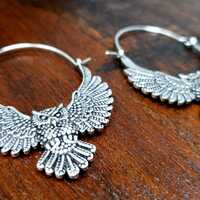 Mystical Silver Owl Earrings Bohemian Boho Jewelry