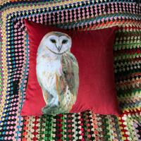 Owl cushion cover stunning red velvet handmade uk from own art, dress decor Farmhouse country beauti