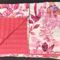 Handmade Owl Kantha Quilt: Reversible Indian Throw Blanket