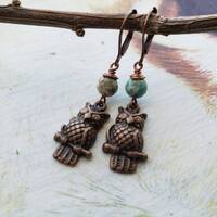 Sale Owl Turquoise Copper Earrings, Wise Owl Branch Earrings, Antique Copper, Blue Turquoise Gemston