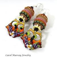 Fashionable Colorful Fancy Owl Earrings Artisan Lampwork Glass Earrings Spring Statement Carol Murra