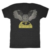 DJ Owl - Unisex Mens T-Shirt Tee Shirt Record Bird Feathers Retro Spinning Chartreuse Turntable Awes