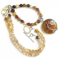 Owl Agate Pendant Necklace, Tree of Life, Mookaite Jasper Beaded Jewelry (28in)