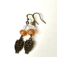 Brass Owl Earrings: Peach Glass Bead Dangle Earrings