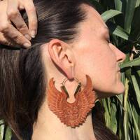 Wise Owl Extra Large Sawo Wood and Brass Earrings - Hand Carved - Unique - Bohemian - Tribal - Mythi