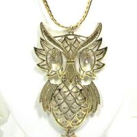 Vintage Owl Pendant Necklace, Rhinestone Eyes