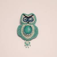Bead Embroidered Owl Brooch: Turquoise coloured Gemstone, Unique Crafted Pin