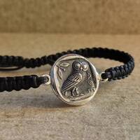 Macrame knitted bracelet with the figure of an  owl, the secret bird of Goddess Athena  and symbol o