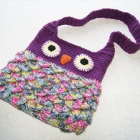 Owl Purse, Child Shoulder Strap Purse, Hand Crocheted Bag Owl Design, Purple