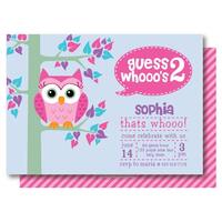 Owl Birthday Party Invitations for first or second birthday.  A pink owl sitting in a tree. With pin