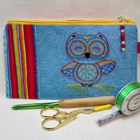 Small zipper pouch, 7 1/2 x 4 1/2 in cotton pouch, Owl embroidery, Mask bag, Zipper Wallet, Glasses 