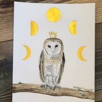 5x7 Barn Owl Art/Moon Phases/Owl Artwork/Hand painted golden moon/Fantasy Art Print/Springtime Art/M