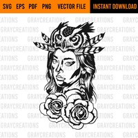 Owl headdress with roses svg / lady with headdress svg / owl headdress tattoo design svg