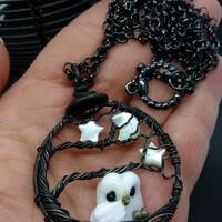 Wire wrapped owl tree of life pendant necklace, Moon and stars, Mother of Pearl, Owl lover, artisan