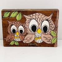 Vintage 1970s hand painted owls on a wooden plaque