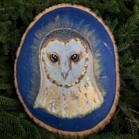 Hand painted celestial barn owl on wood plaque, wall hanging for home decor